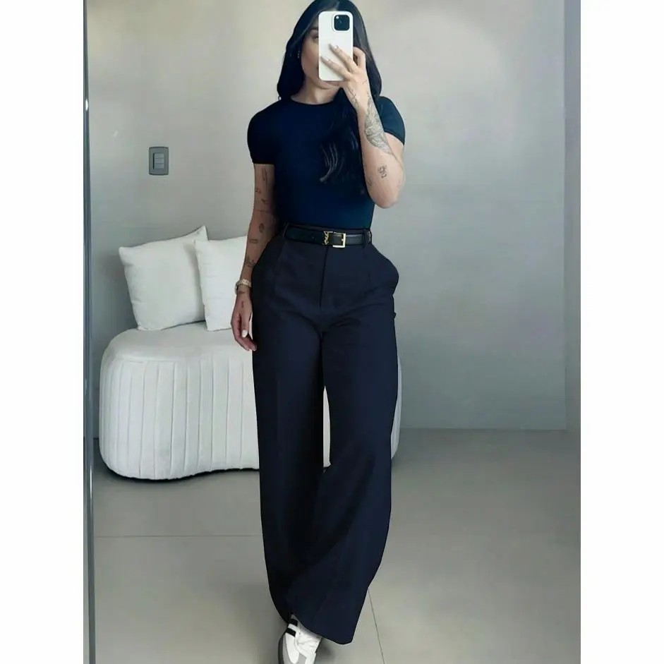 Women's High-Waisted Wide Leg Trousers – Business Casual Drape Pants with Pockets & Belt Loops