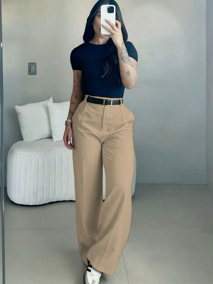 Women's High-Waisted Wide Leg Trousers – Business Casual Drape Pants with Pockets & Belt Loops