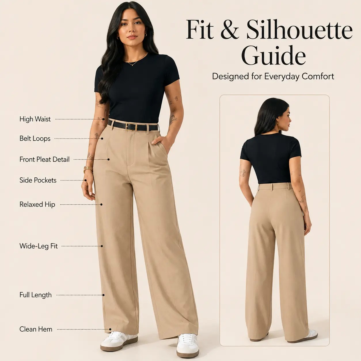 Women's High-Waisted Wide Leg Trousers – Business Casual Drape Pants with Pockets & Belt Loops