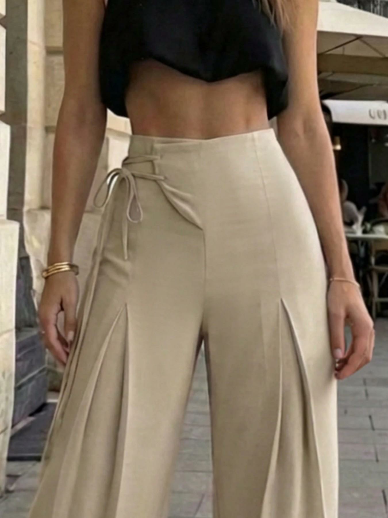Women's High-Waist Wide-Leg Pants – Elegant Tie-Back Ankle Length Summer Trousers