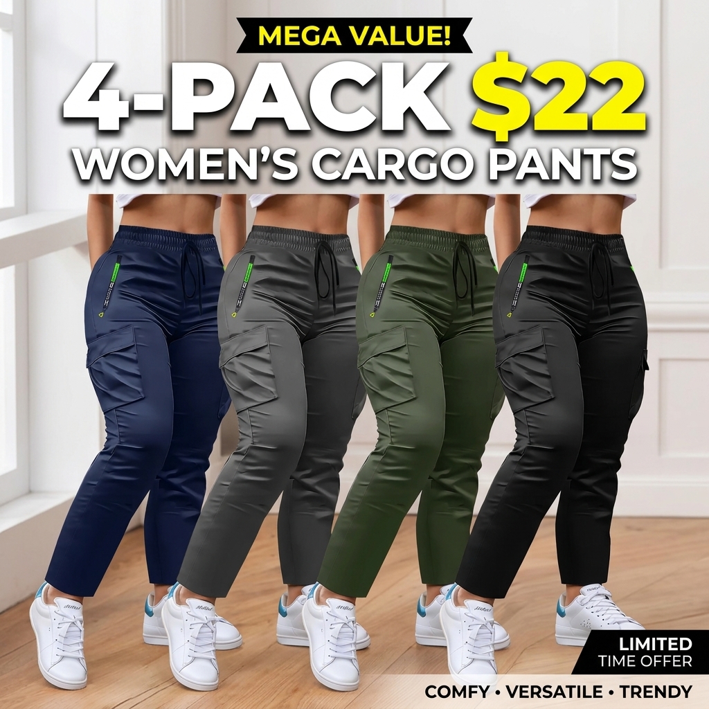 Women's 4-Pack Loose Fit Cargo Joggers – Lightweight Breathable Drawstring Waist Athletic Pants