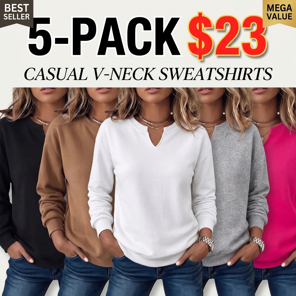 Women's V-Neck Pullover Sweatshirt – Cotton Loose Fit Long Sleeve Casual Top for Fall & Winter
