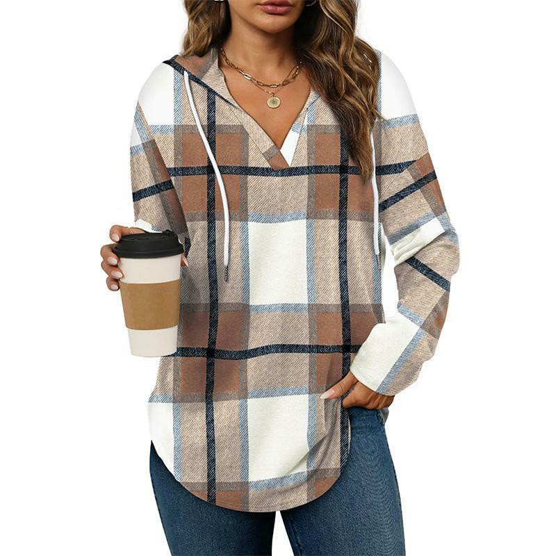 Women's Oversized Plaid Hoodie Tunic Top – Soft V-Neck Long Sleeve Pullover Sweatshirt