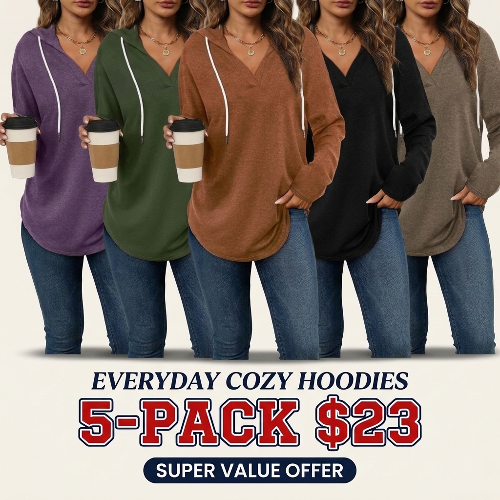 Women's Oversized Plaid Hoodie Tunic Top – Soft V-Neck Long Sleeve Pullover Sweatshirt