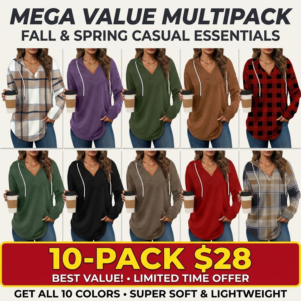 Women's Oversized Plaid Hoodie Tunic Top – Soft V-Neck Long Sleeve Pullover Sweatshirt