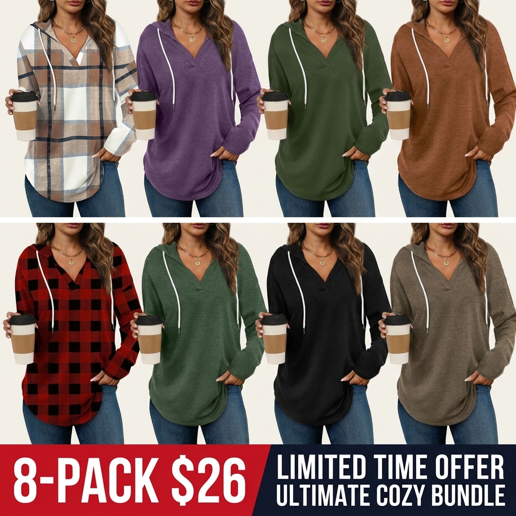 Women's Oversized Plaid Hoodie Tunic Top – Soft V-Neck Long Sleeve Pullover Sweatshirt