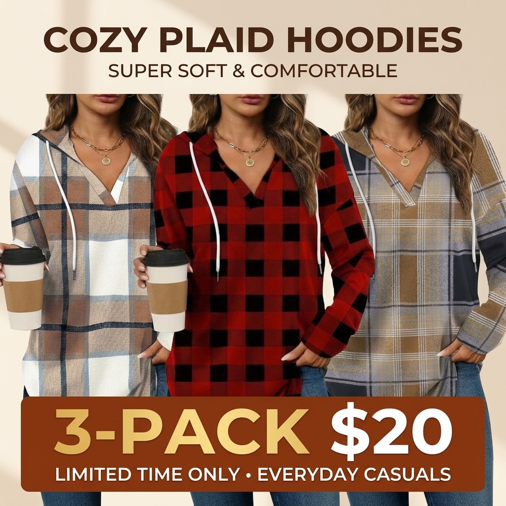 Women's Oversized Plaid Hoodie Tunic Top – Soft V-Neck Long Sleeve Pullover Sweatshirt