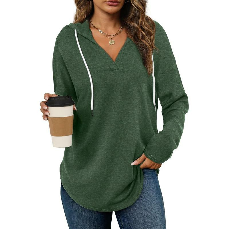 Women's Oversized Plaid Hoodie Tunic Top – Soft V-Neck Long Sleeve Pullover Sweatshirt