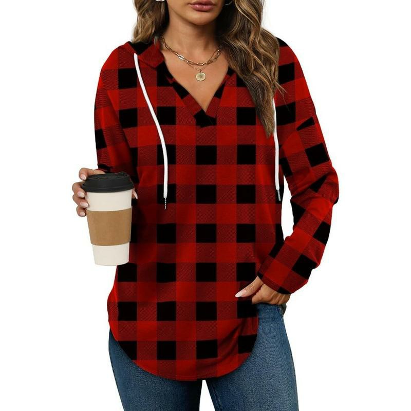 Women's Oversized Plaid Hoodie Tunic Top – Soft V-Neck Long Sleeve Pullover Sweatshirt
