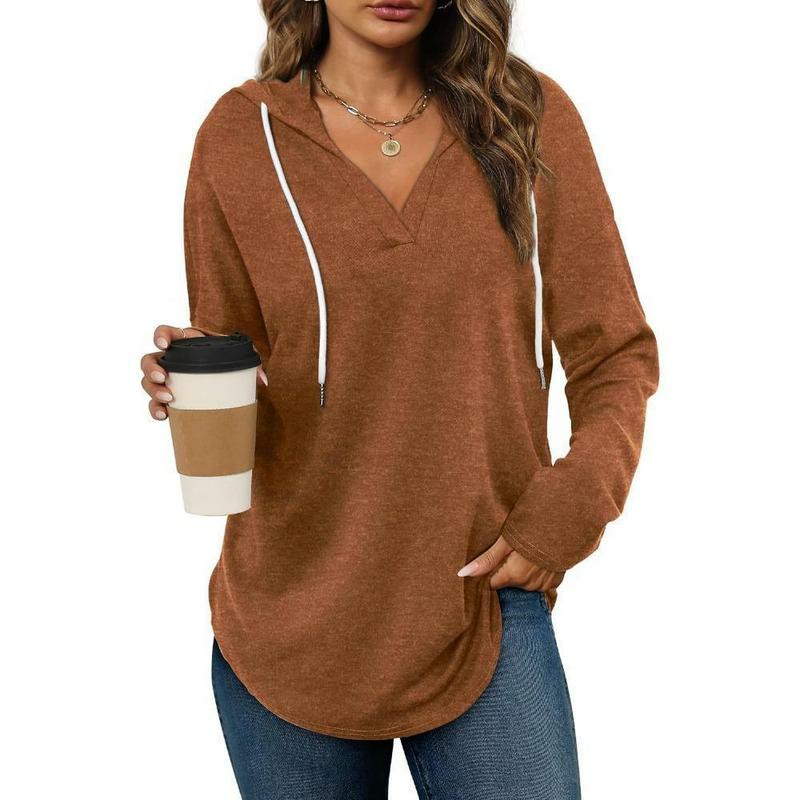 Women's Oversized Plaid Hoodie Tunic Top – Soft V-Neck Long Sleeve Pullover Sweatshirt