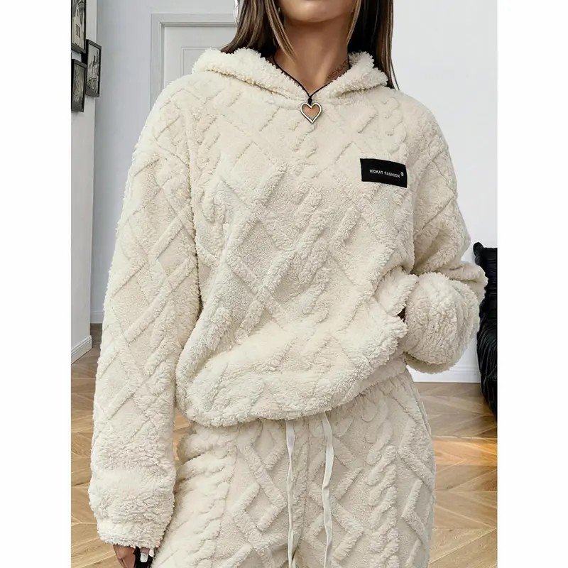 Women's Cable Jacquard Fleece Hoodie – Half-Zip Plush Pullover, Loose Fit Warm Sweatshirt