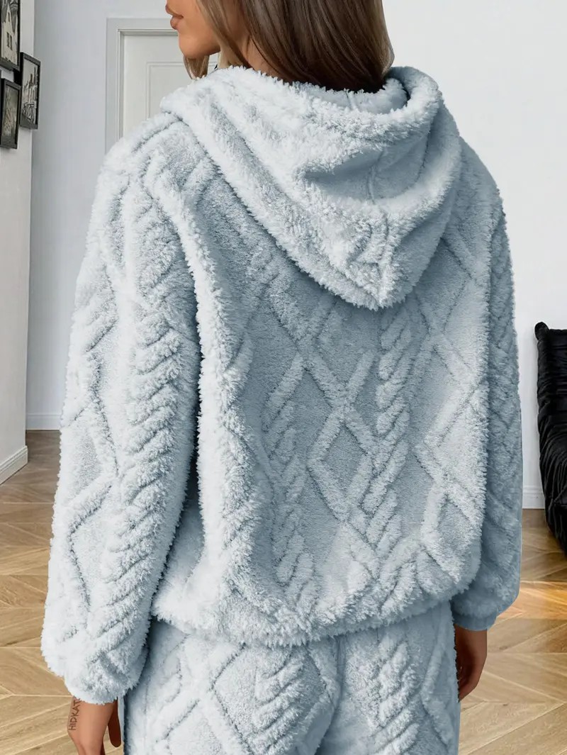 Women's Cable Jacquard Fleece Hoodie – Half-Zip Plush Pullover, Loose Fit Warm Sweatshirt