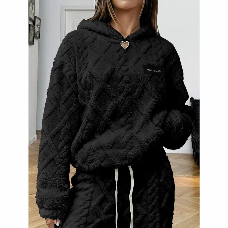Women's Cable Jacquard Fleece Hoodie – Half-Zip Plush Pullover, Loose Fit Warm Sweatshirt