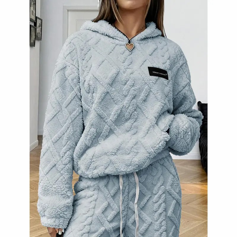 Women's Cable Jacquard Fleece Hoodie – Half-Zip Plush Pullover, Loose Fit Warm Sweatshirt