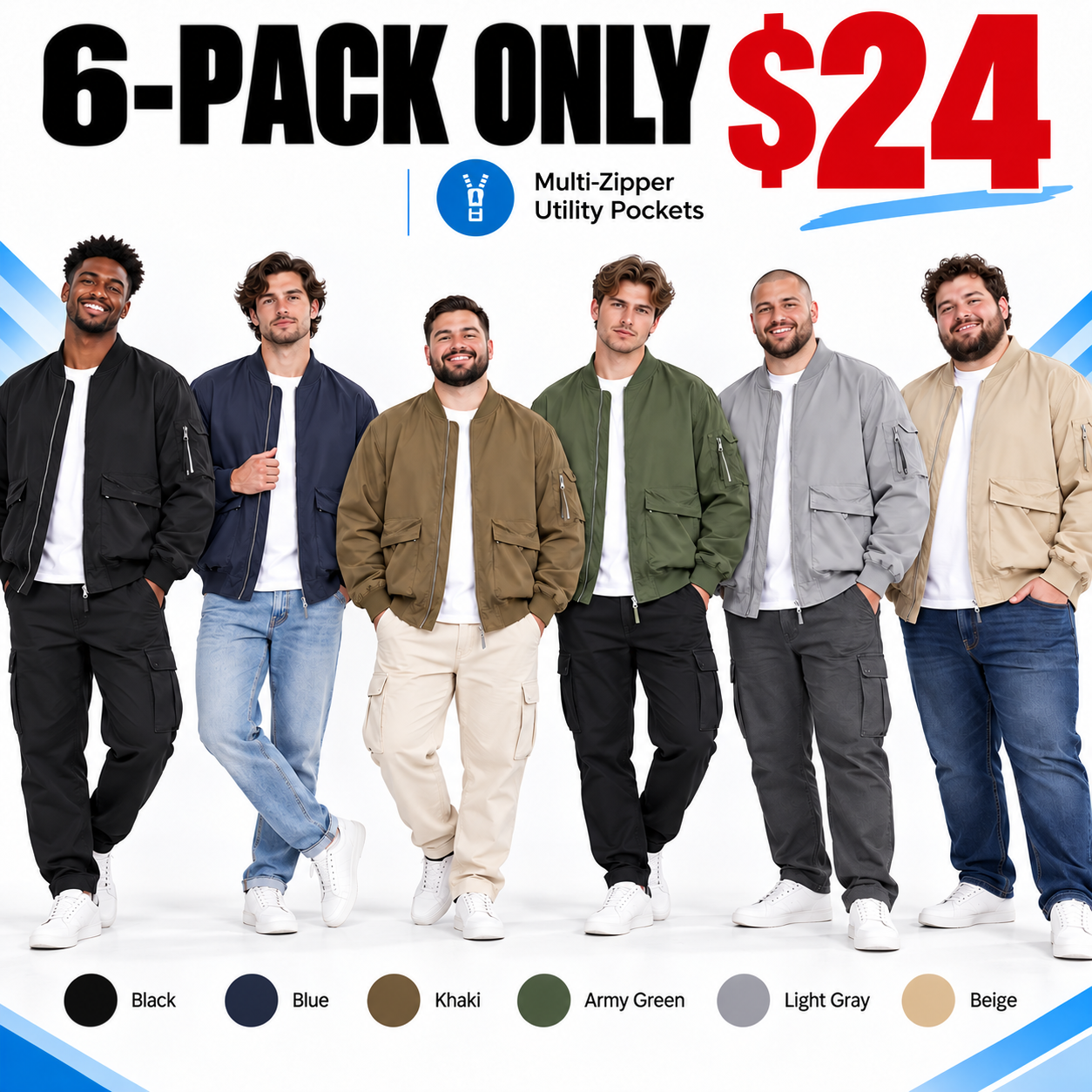 Plus-Size Men's Workwear Jacket – Relaxed Fit Multi-Pocket Zippered Outerwear