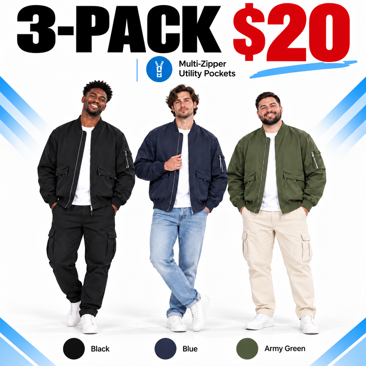 Plus-Size Men's Workwear Jacket – Relaxed Fit Multi-Pocket Zippered Outerwear