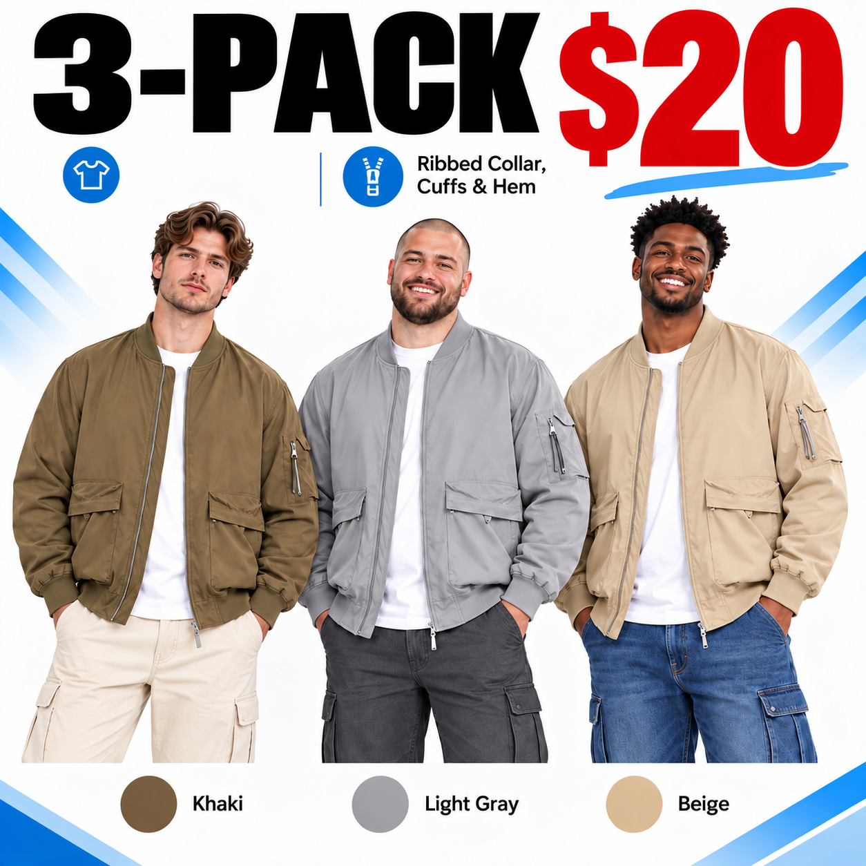 Plus-Size Men's Workwear Jacket – Relaxed Fit Multi-Pocket Zippered Outerwear