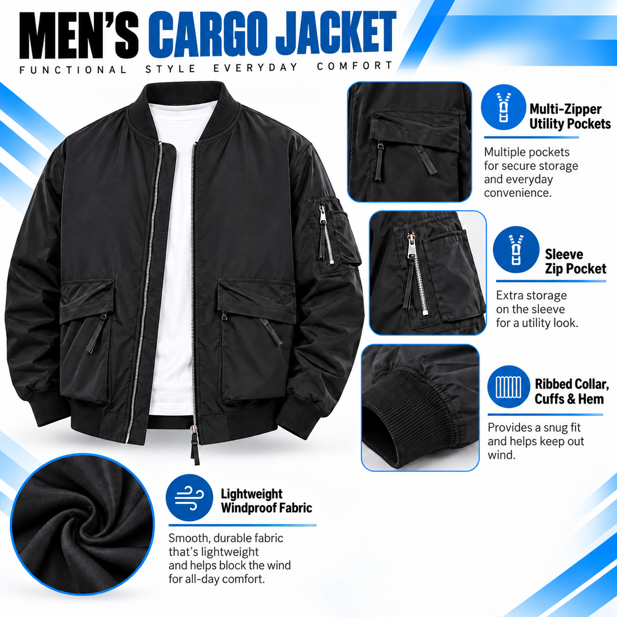 Plus-Size Men's Workwear Jacket – Relaxed Fit Multi-Pocket Zippered Outerwear
