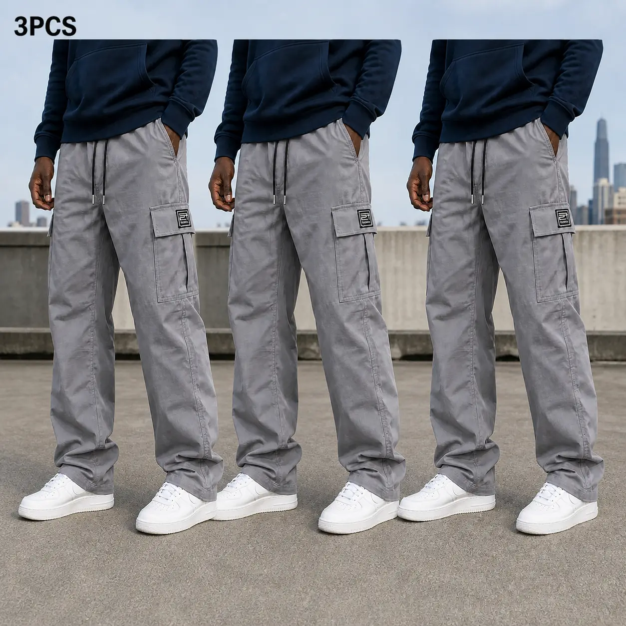 3-Pack Men’s Cargo Pants, Polyester Work Trousers, Loose Fit