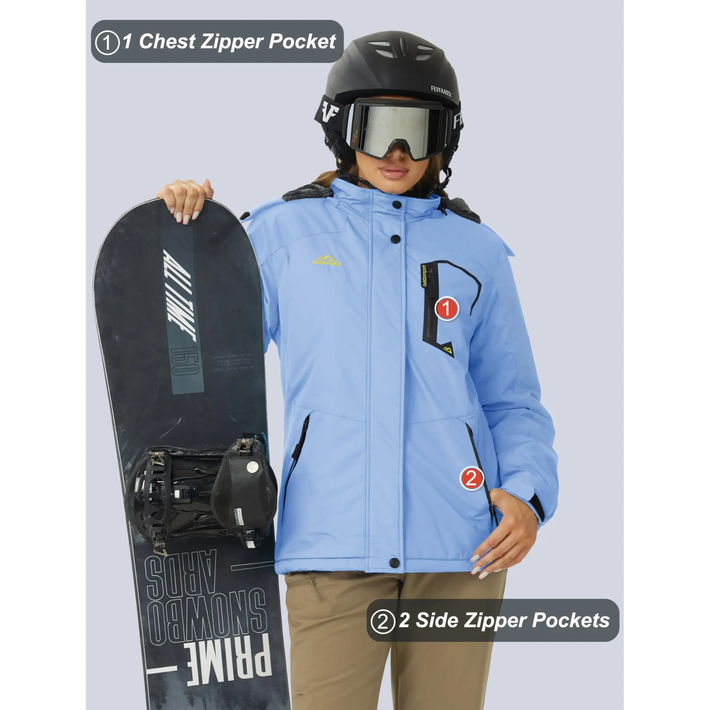 Women's Waterproof Ski Jacket Hooded Fleece-Lined Winter Coat