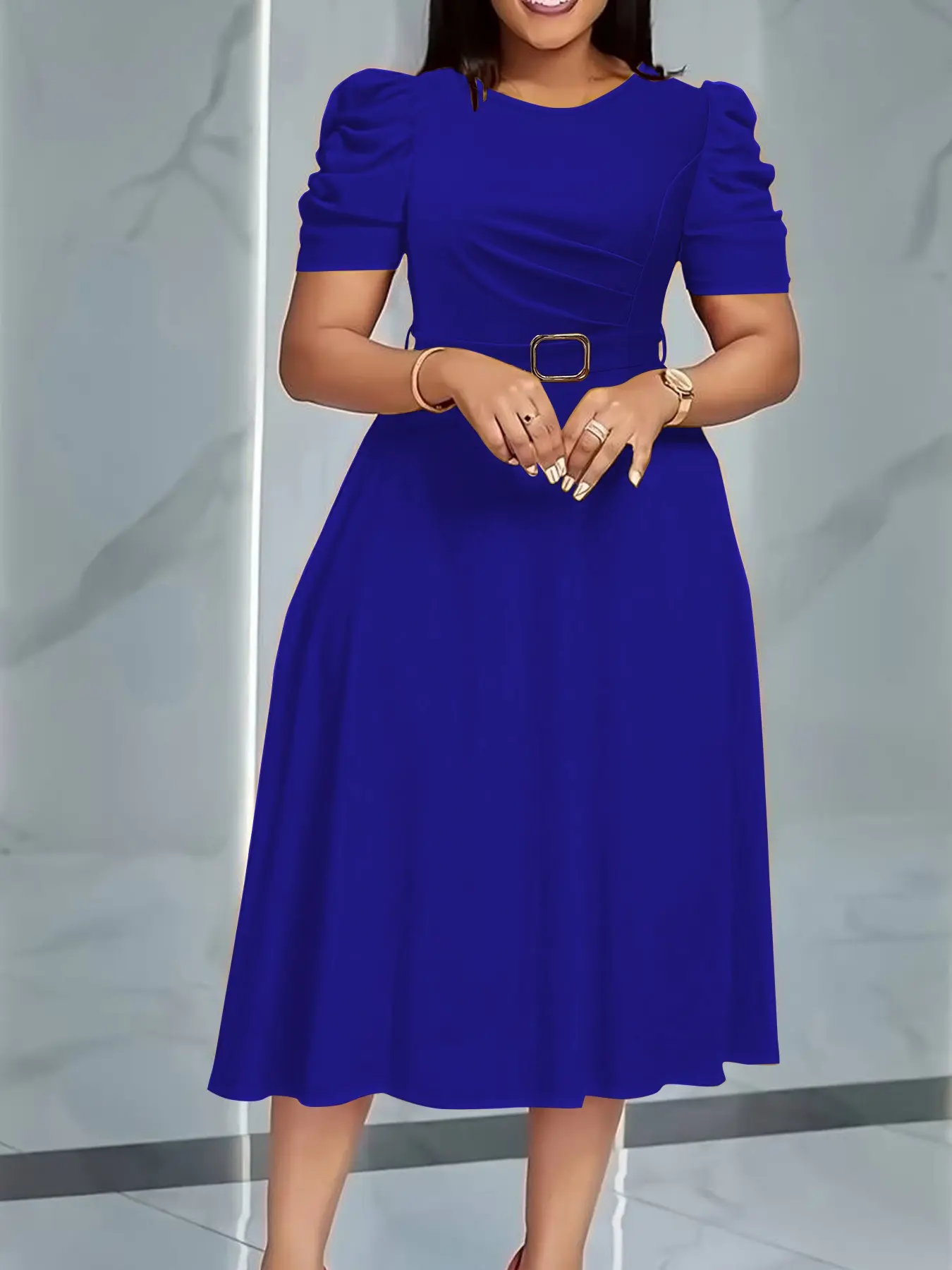 Camel-colored puff-sleeve midi dress for summer