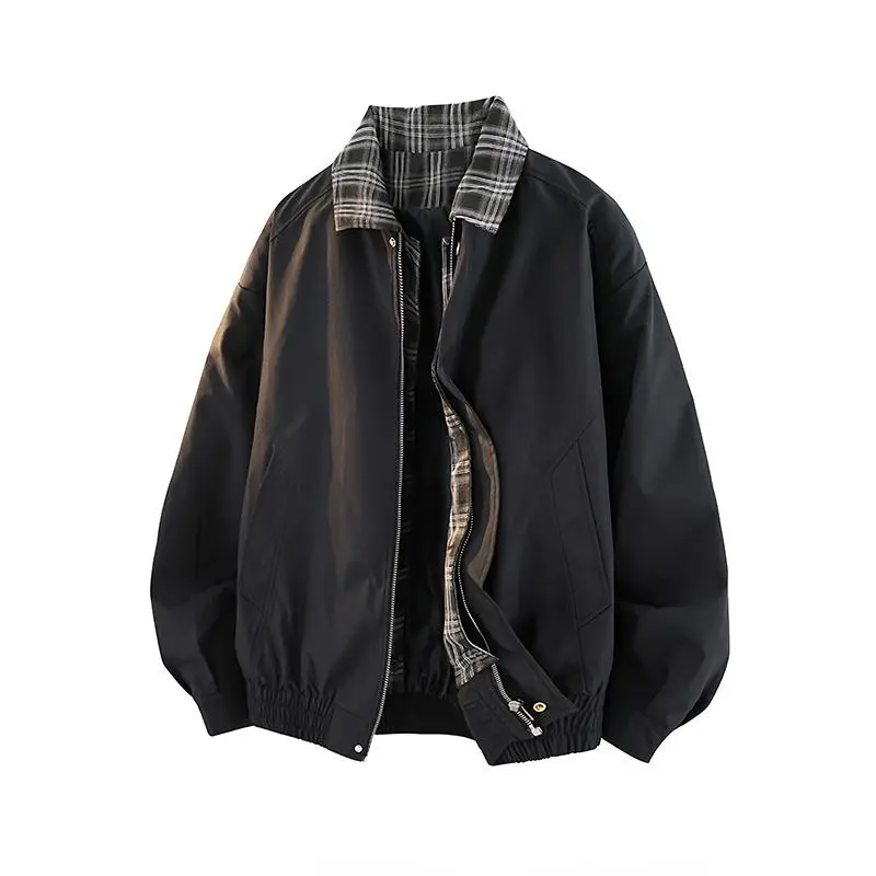 Men's Vintage Plaid Brown Jacket Workwear Lapel Coat Polyester