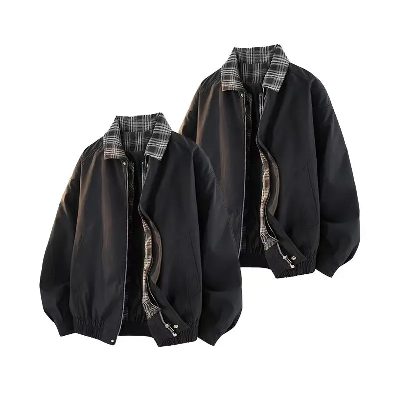 Men's Vintage Plaid Brown Jacket Workwear Lapel Coat Polyester