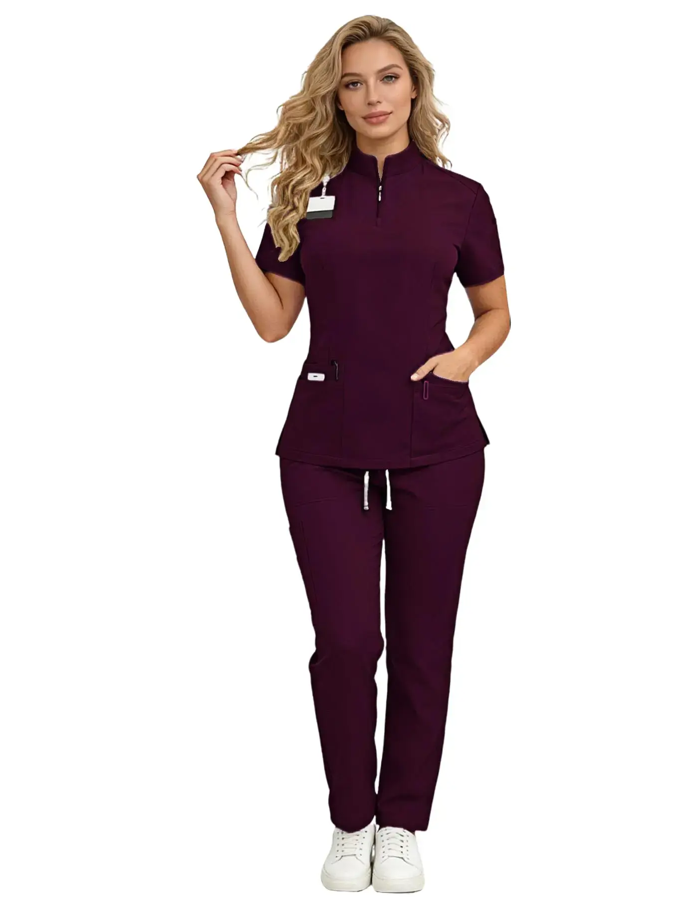 Women’s Scrub Set Featuring Stand Collar Top & Wide-Leg Pants for Healthcare and Casual Wear