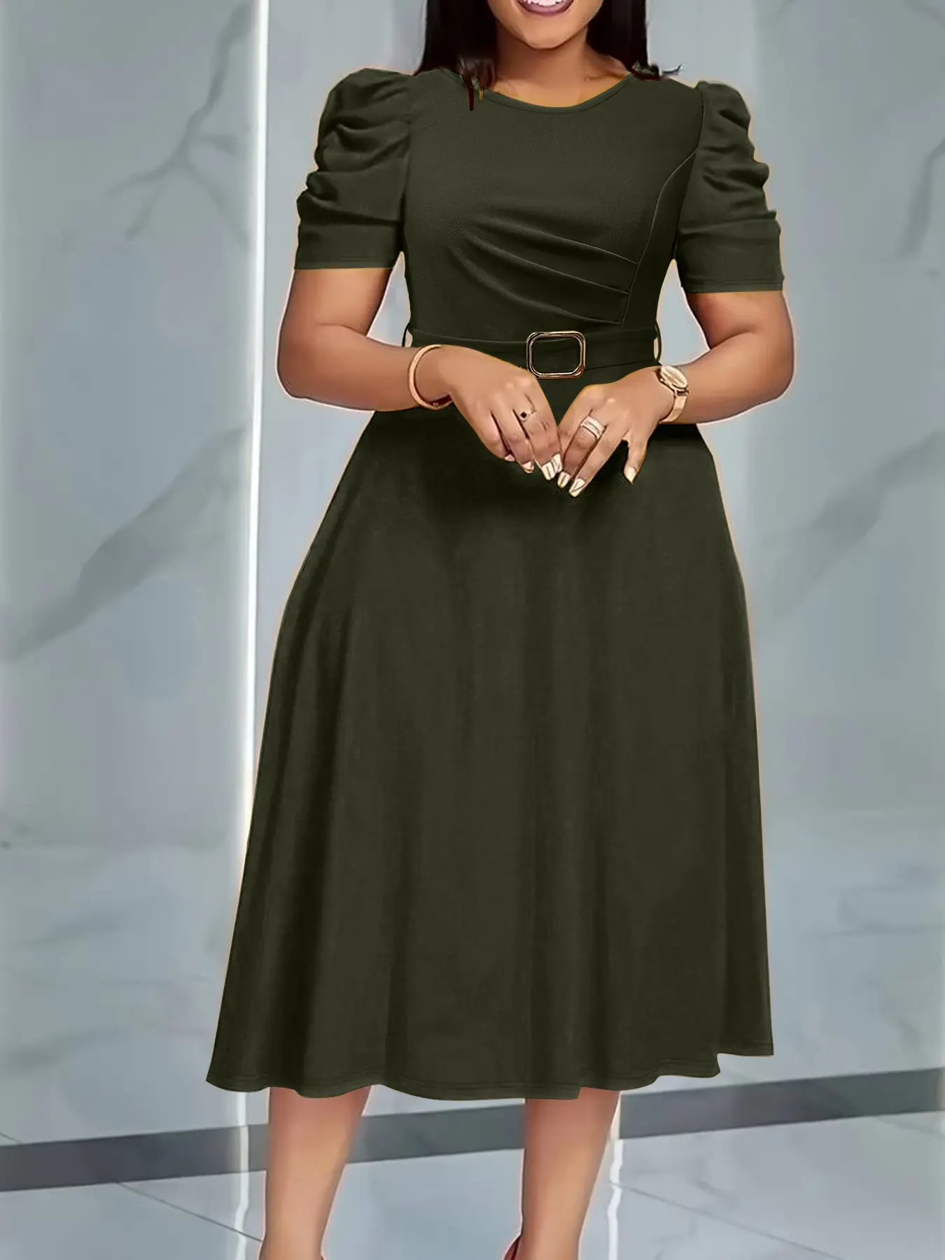 Camel-colored puff-sleeve midi dress for summer