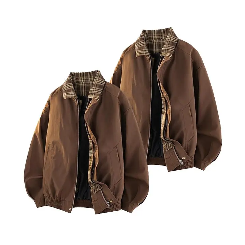 Men's Vintage Plaid Brown Jacket Workwear Lapel Coat Polyester