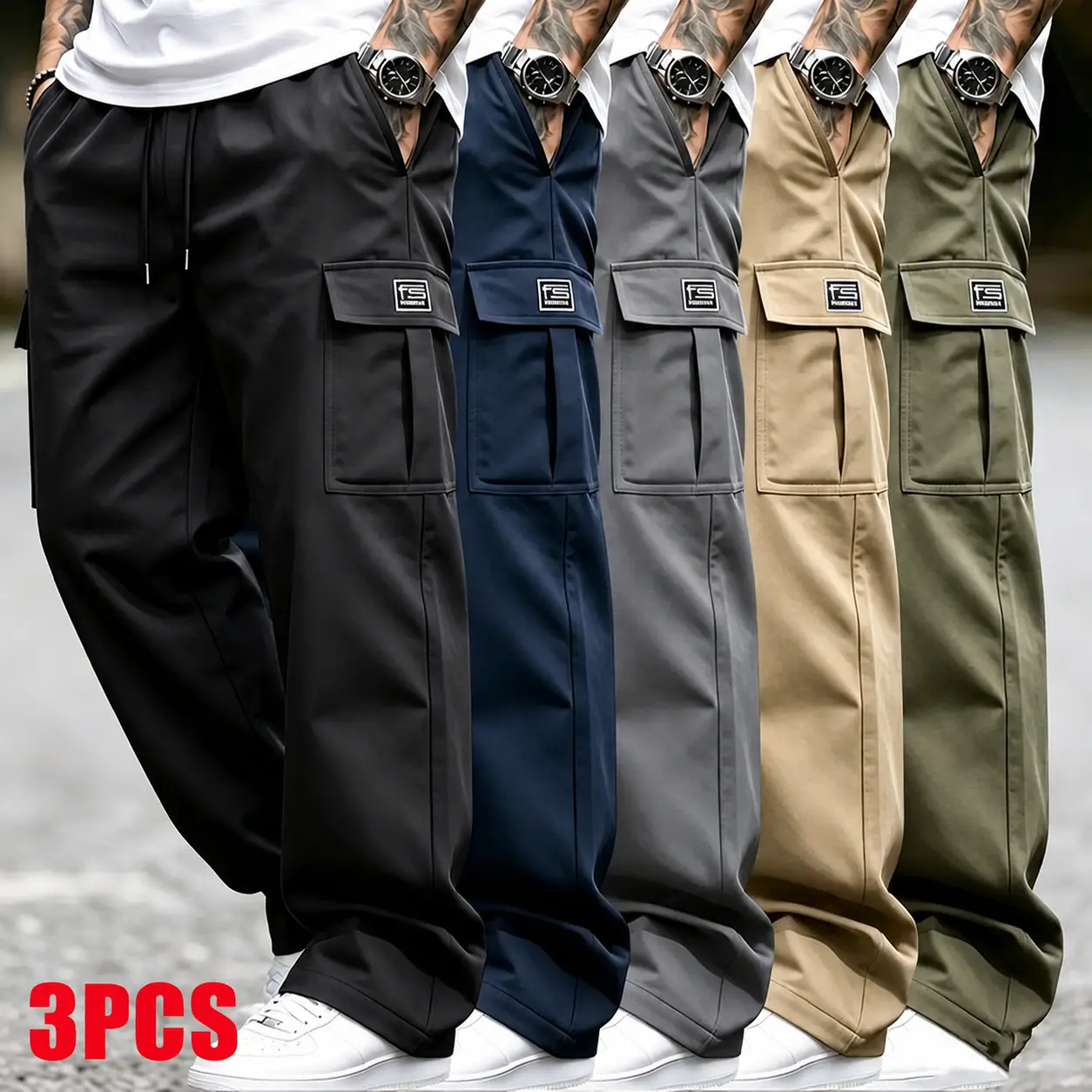 3-Pack Men’s Cargo Pants, Polyester Work Trousers, Loose Fit