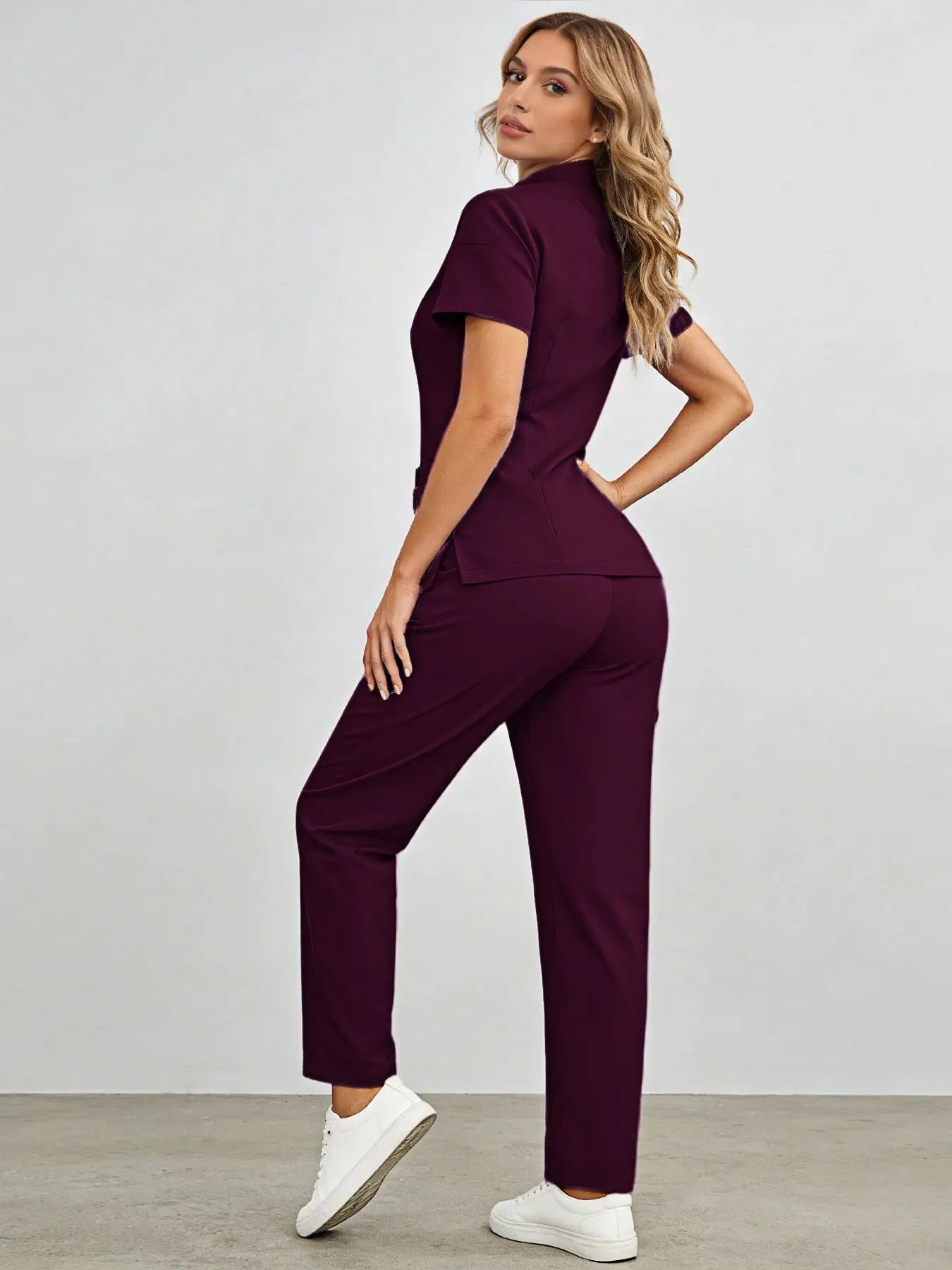 Women’s Scrub Set Featuring Stand Collar Top & Wide-Leg Pants for Healthcare and Casual Wear