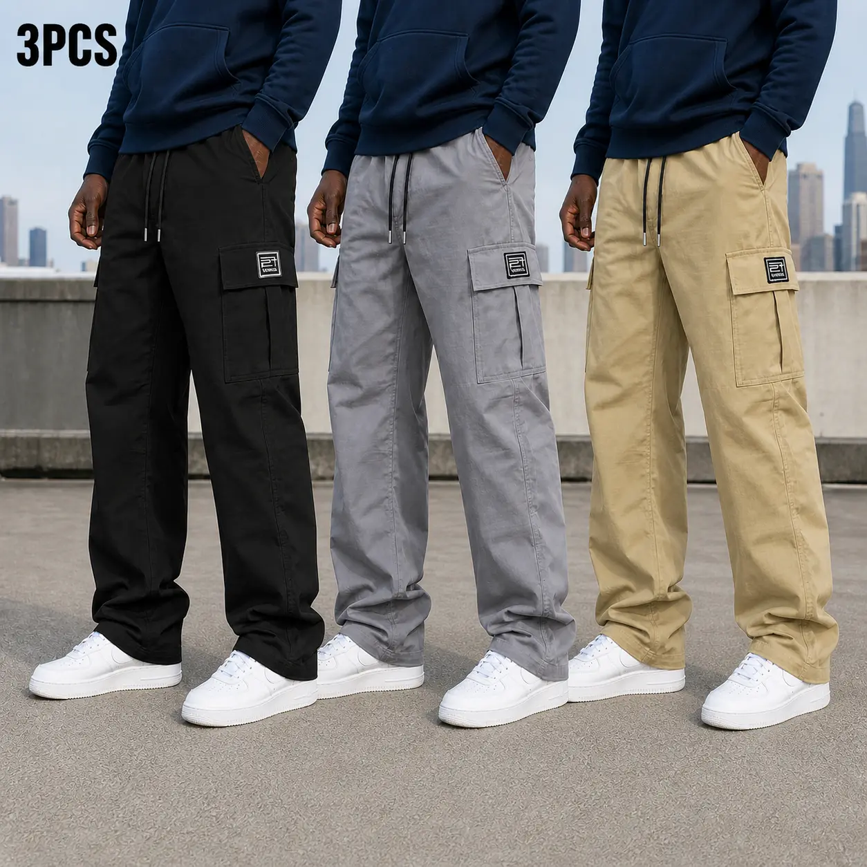 3-Pack Men’s Cargo Pants, Polyester Work Trousers, Loose Fit