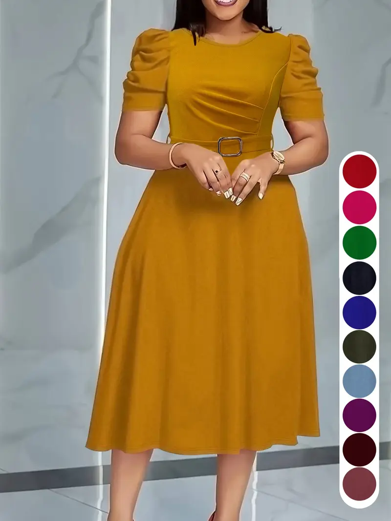 Camel-colored puff-sleeve midi dress for summer