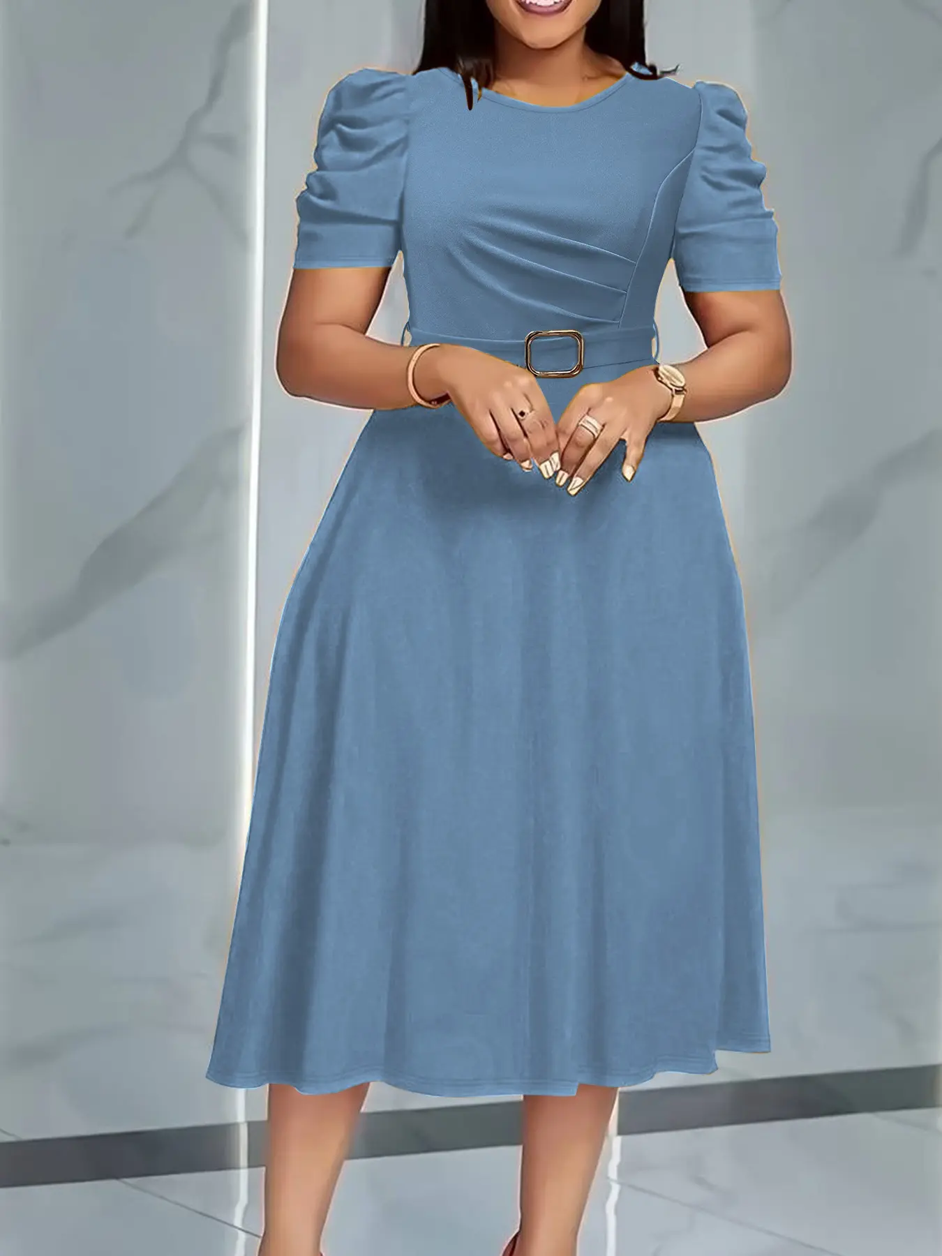 Camel-colored puff-sleeve midi dress for summer