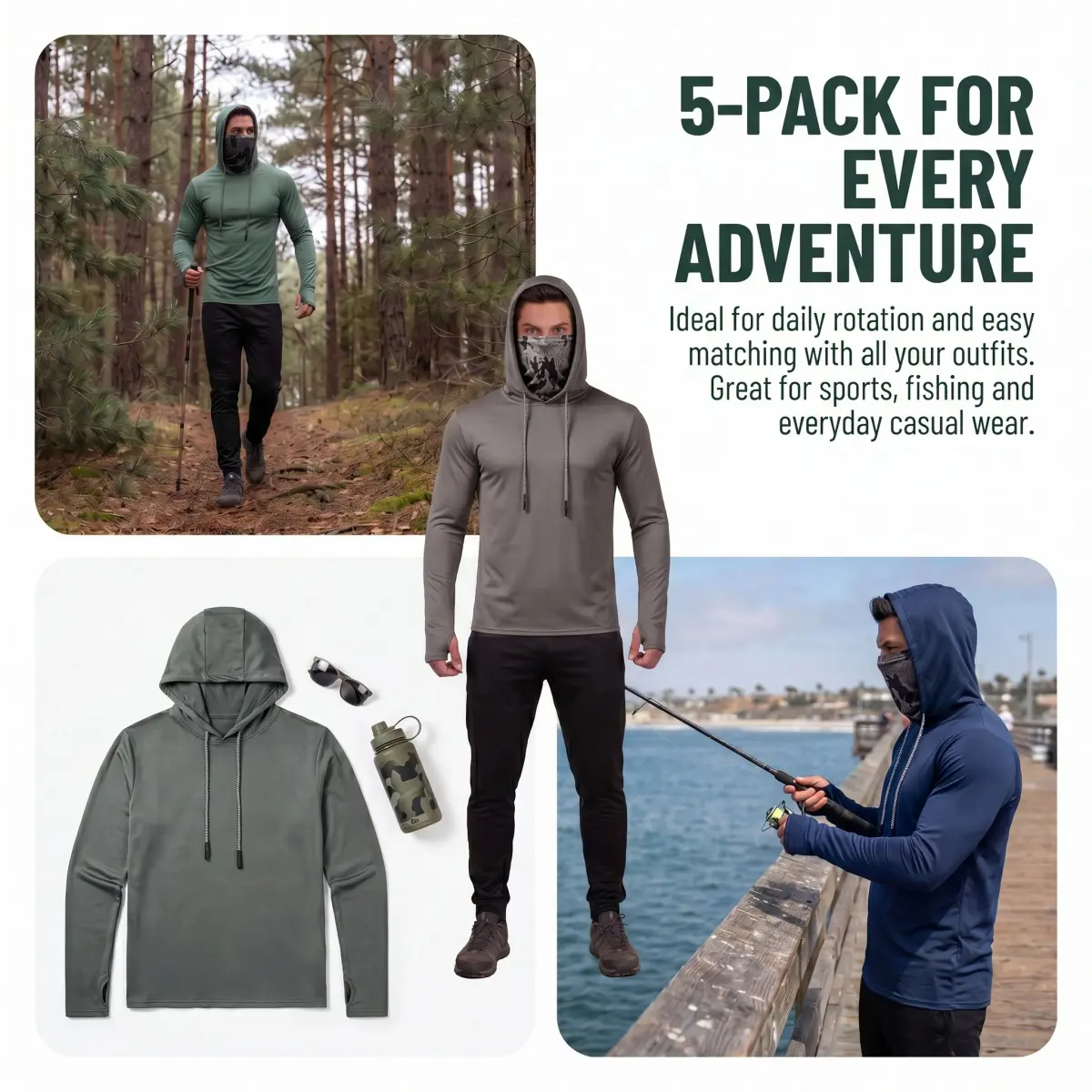 Men's UPF 50+ Sun Protection Hoodie 5-Pack for Outdoor Activities