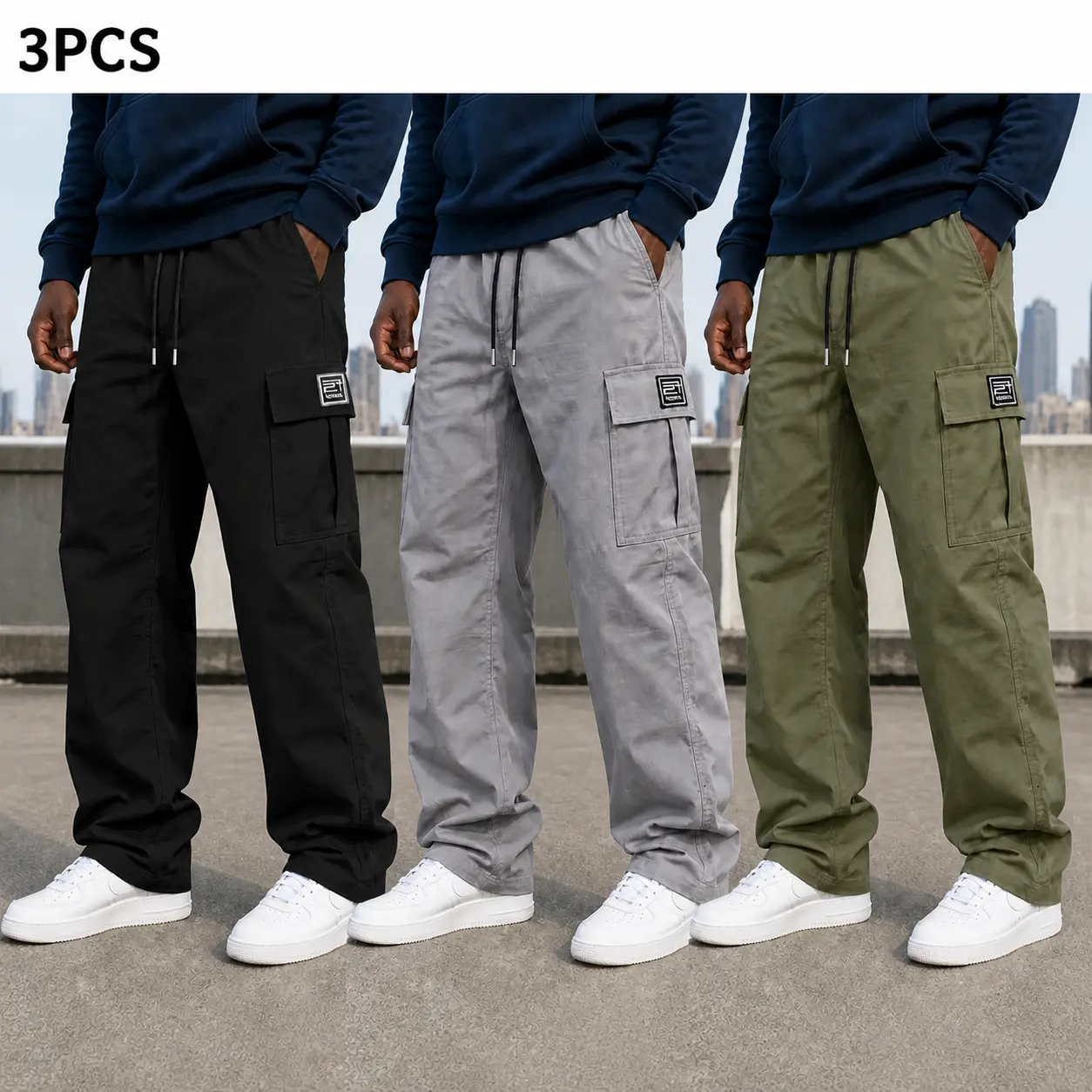 3-Pack Men’s Cargo Pants, Polyester Work Trousers, Loose Fit