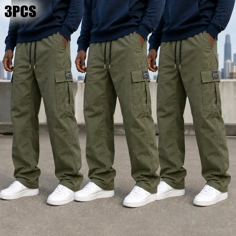 3-Pack Men’s Cargo Pants, Polyester Work Trousers, Loose Fit