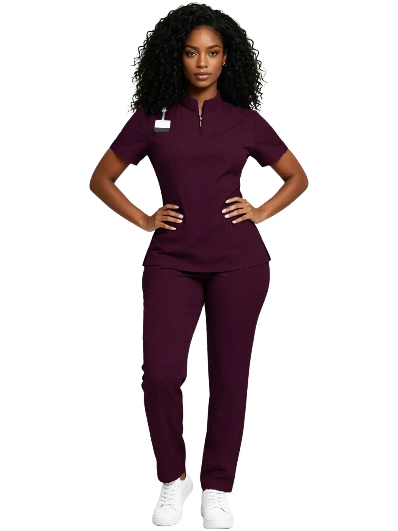 Women’s Scrub Set Featuring Stand Collar Top & Wide-Leg Pants for Healthcare and Casual Wear