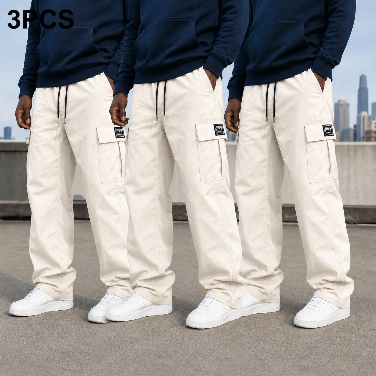 3-Pack Men’s Cargo Pants, Polyester Work Trousers, Loose Fit