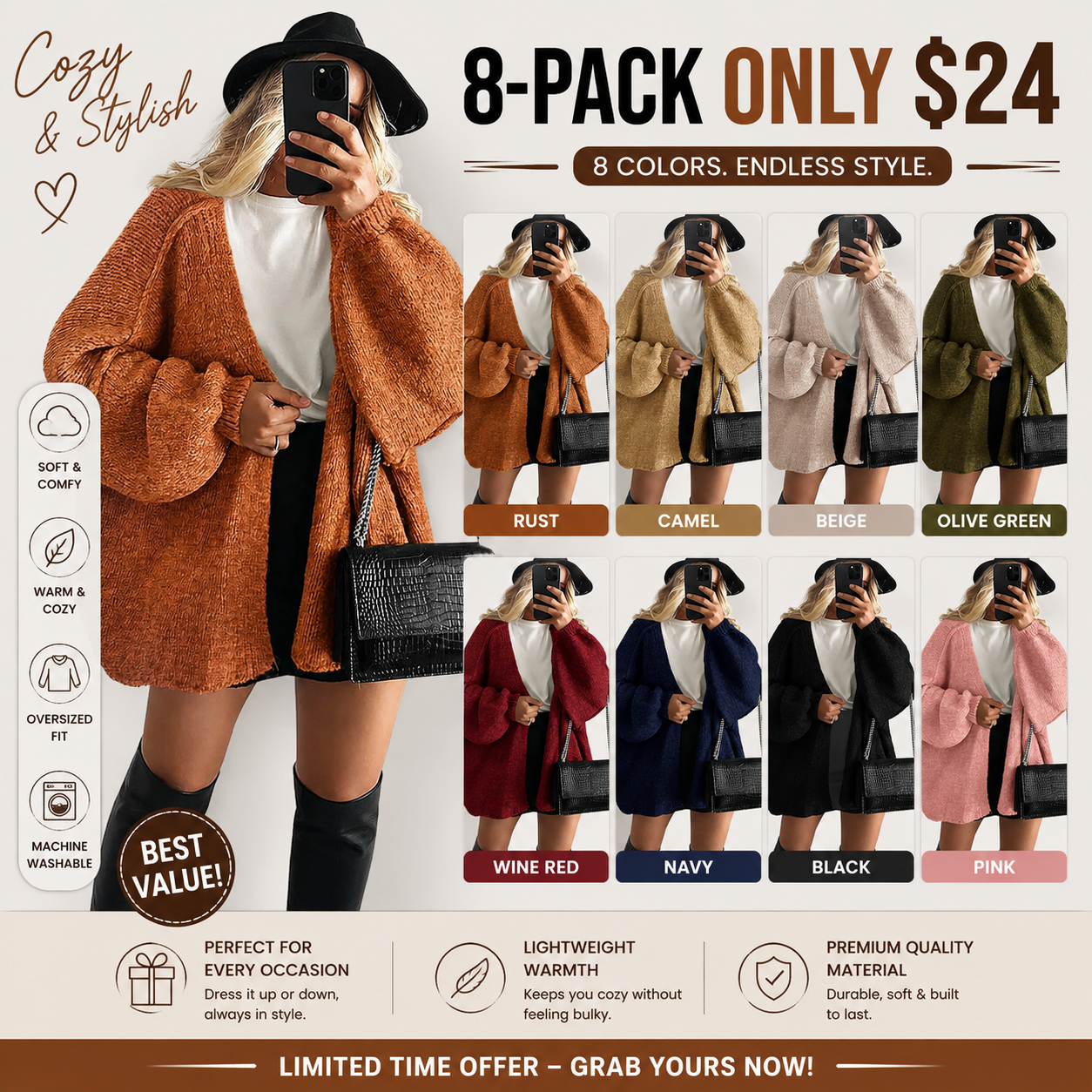 Women's Oversized Open-Front Cardigan – Long Lantern Sleeve Lightweight Knit