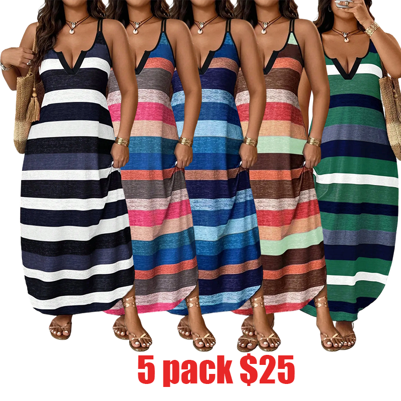 Plus Size Women's Rainbow Striped V-Neck Thin Strap Long Dress