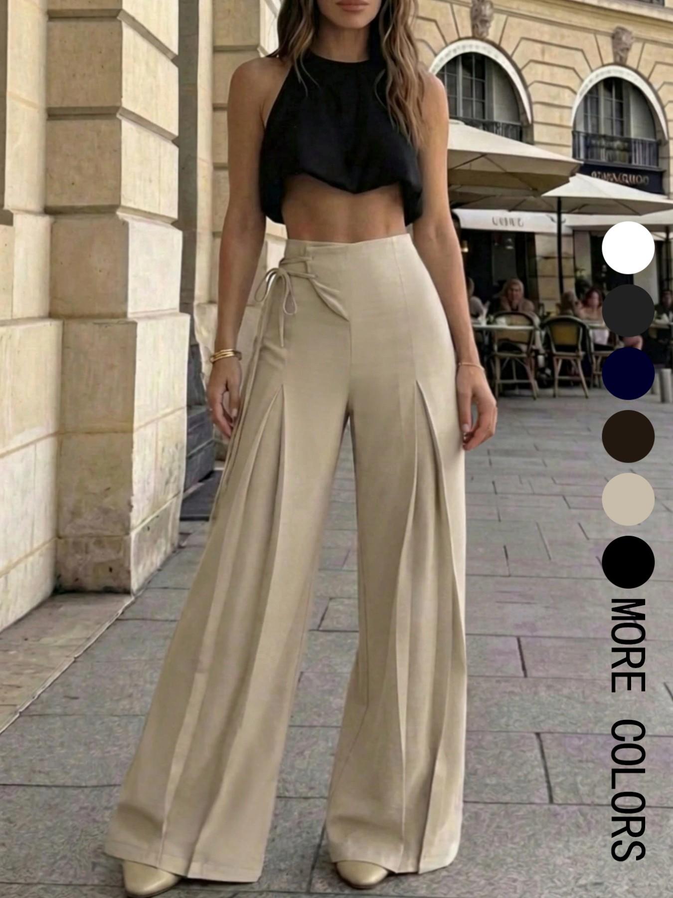 Women's Elegant Chic High-Waist Wide-Leg Pants, Casual Summer Long Pants, Loose Fit Retro Style Plain Bottoms