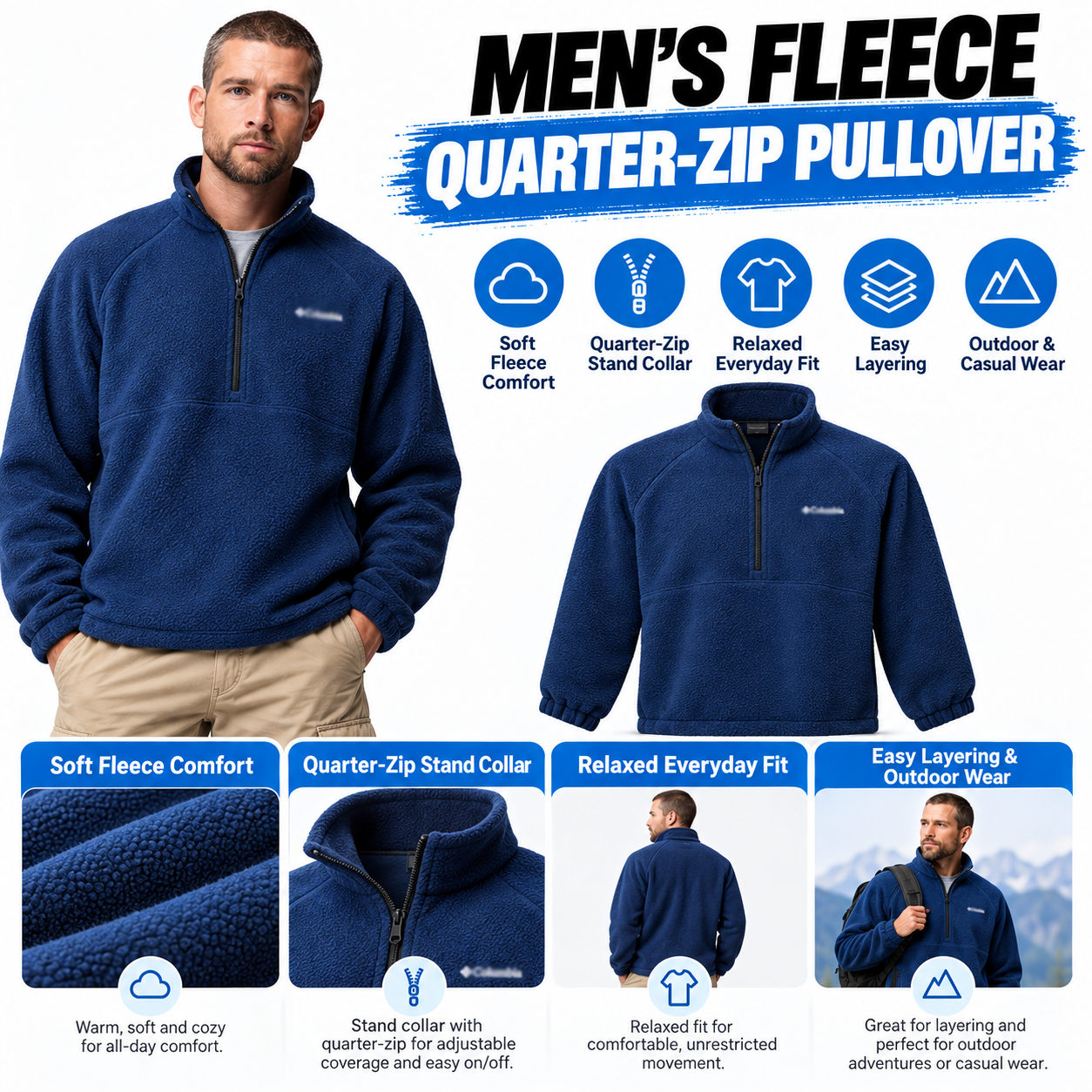 Men's Water-Repellent Fleece Quarter Zip – Soft Thermal Mid-Layer for Outdoor & Everyday Wear