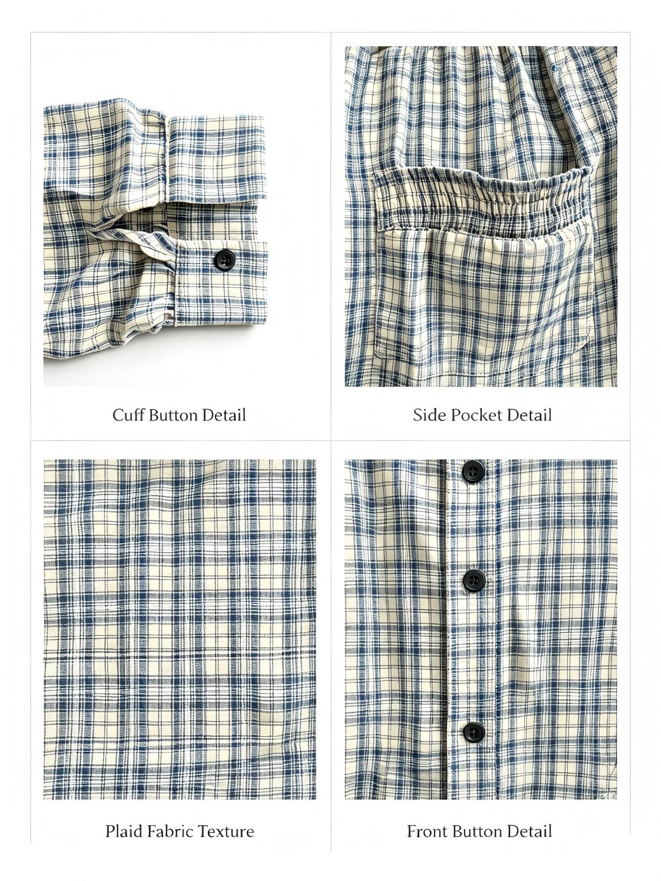 Women's Blue Plaid Oversized Pouch Pocket Long Sleeve Shirt, Blouse, Comfortable Loose Fit Top, Vintage Street Style, All Seasons