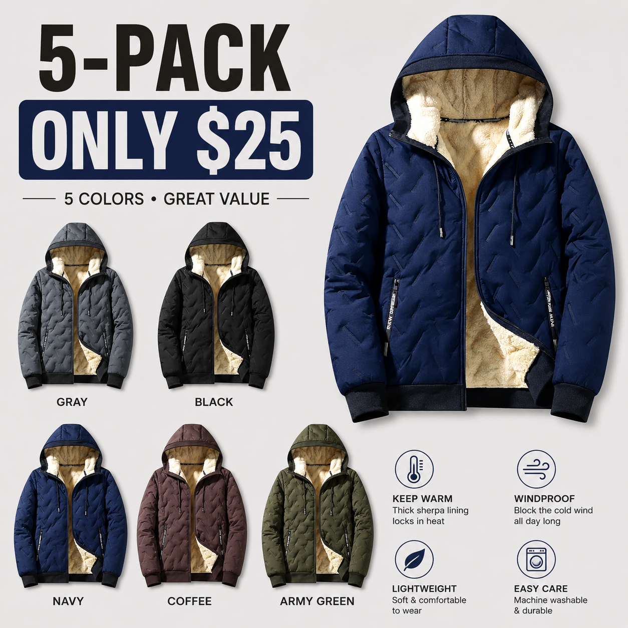 Unisex Windproof Waterproof Winter Jacket – Heavyweight Insulated Hooded Coat with Safety Pocket