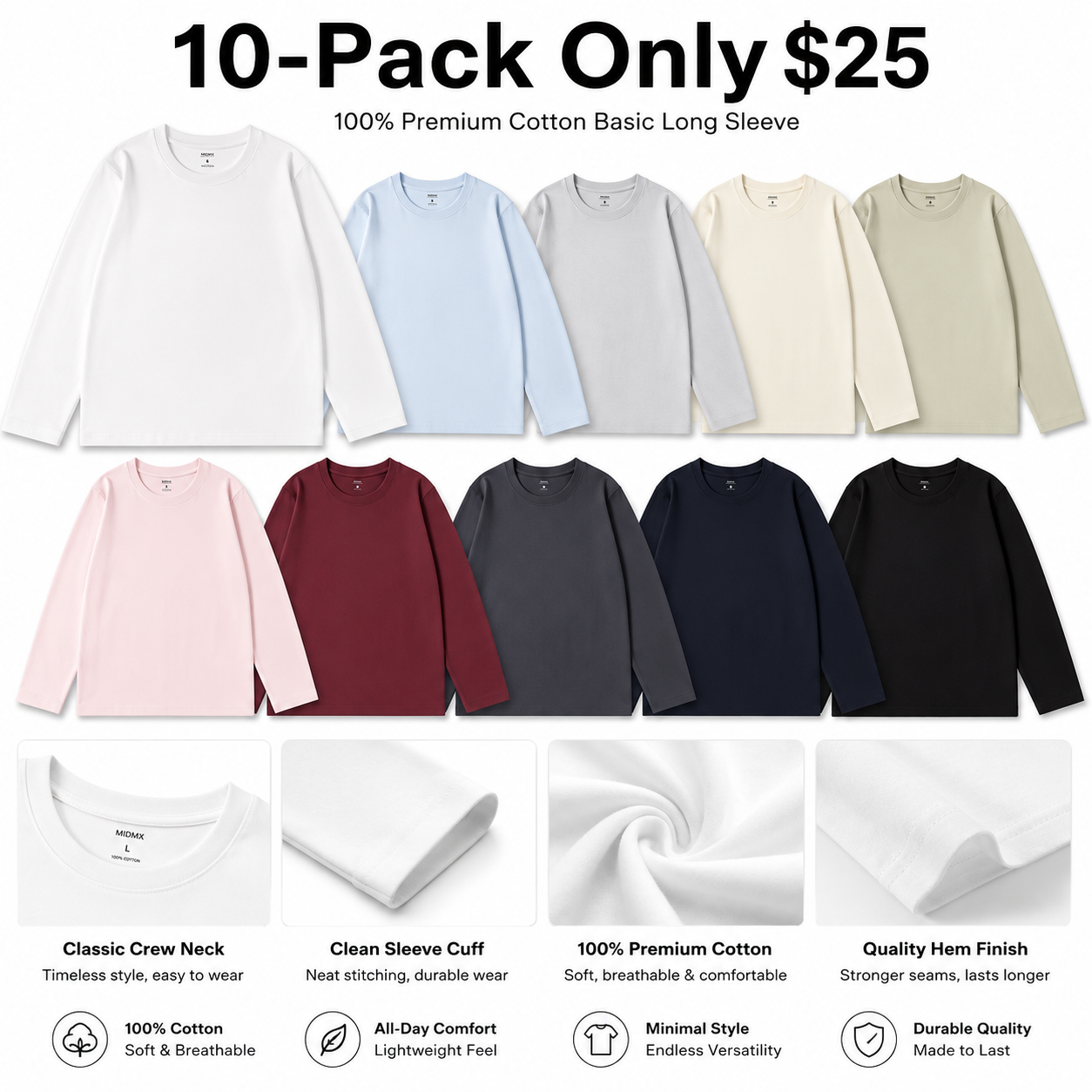 Unisex Retro 100% Pure Cotton Heavyweight Plant-Dyed Long Sleeve Crewneck T-Shirt