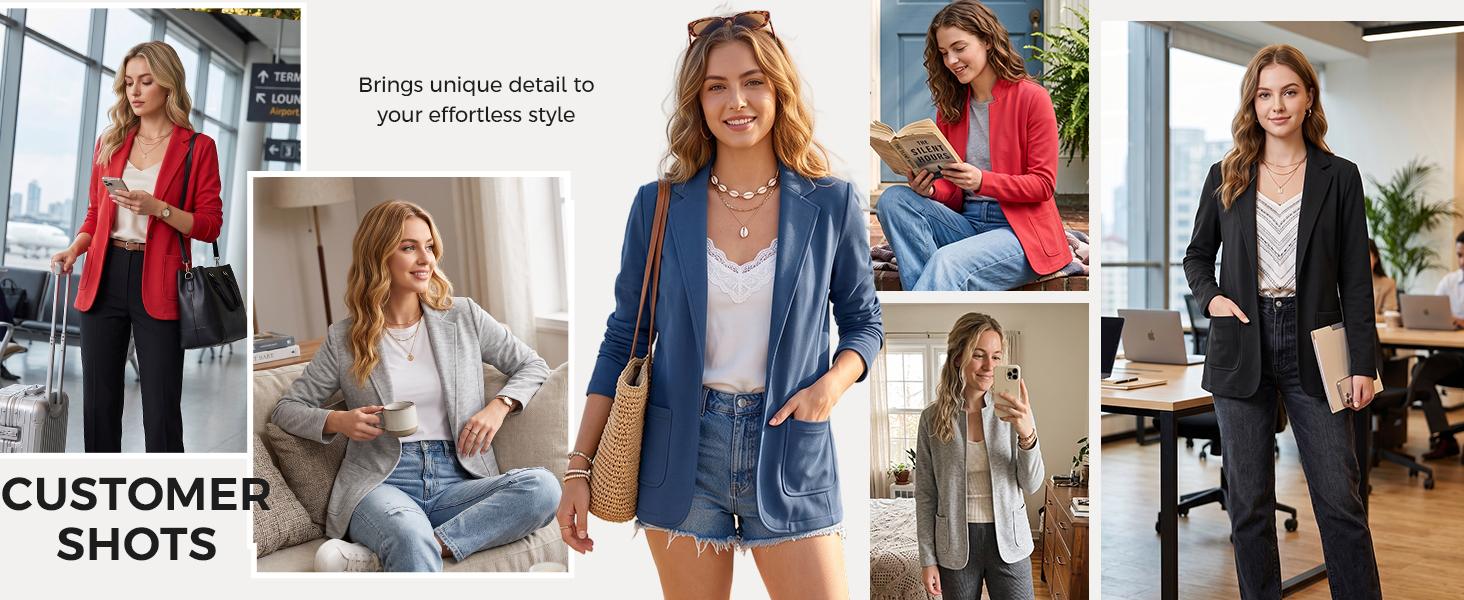 Fisoew Fashion Women's Stand-Collar Sweat-Style Blazer &ndash; A slim-fit, long-sleeve casual blazer with patch pockets, suitable for work, daily wear, and travel.
