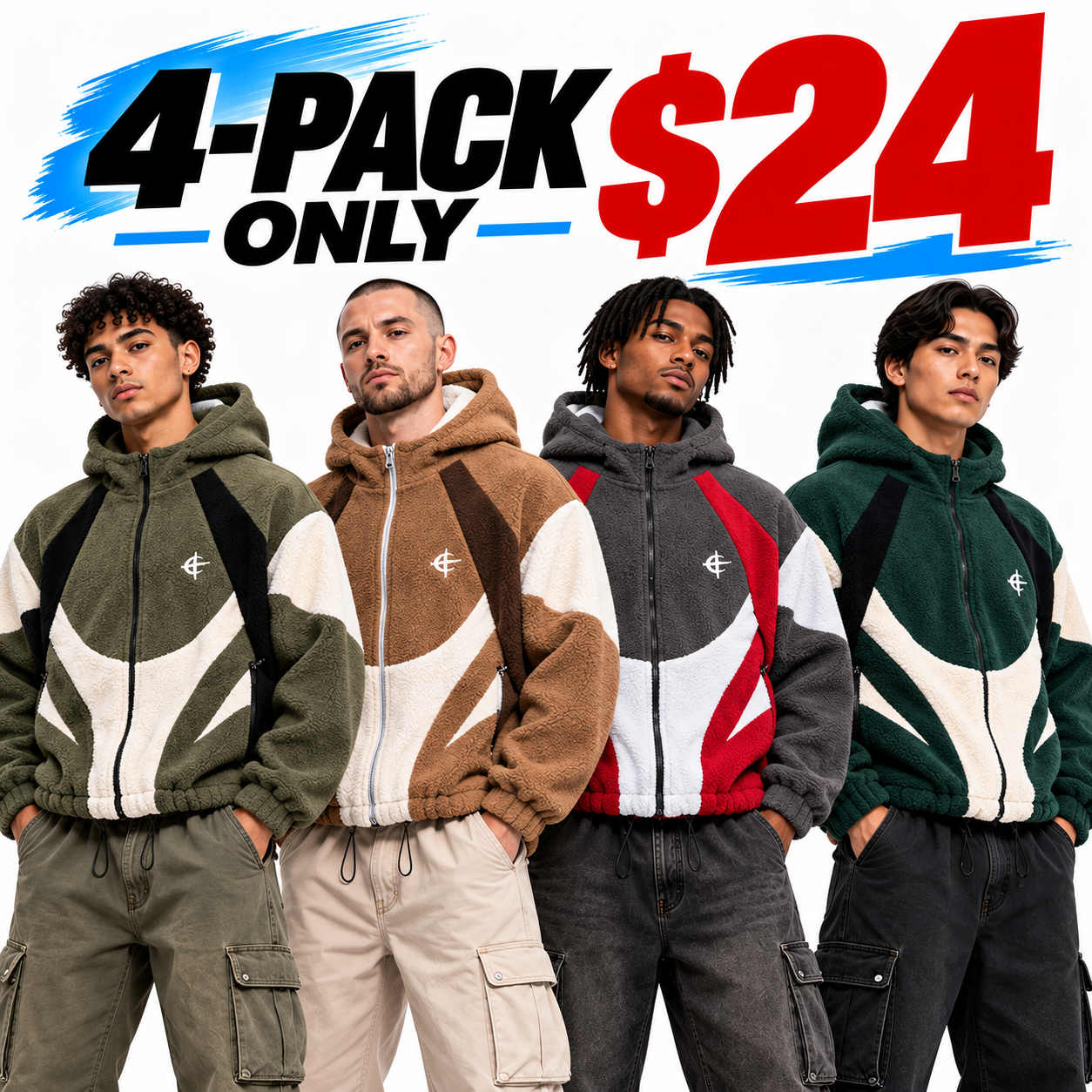 Men's Color Block Patchwork Hooded Jacket – Fleece Cotton Zip-Up Streetwear Outerwear