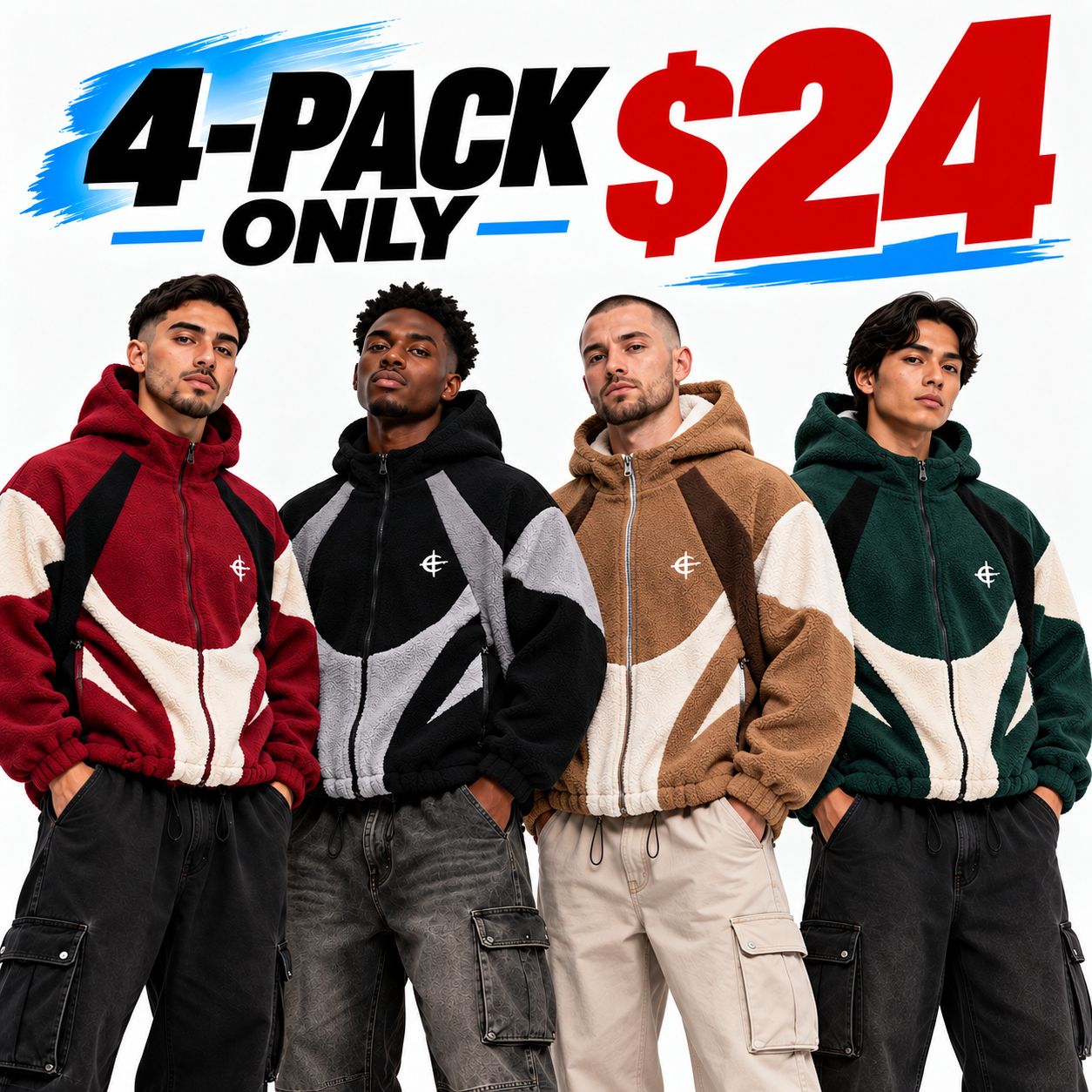 Men's Color Block Patchwork Hooded Jacket – Fleece Cotton Zip-Up Streetwear Outerwear